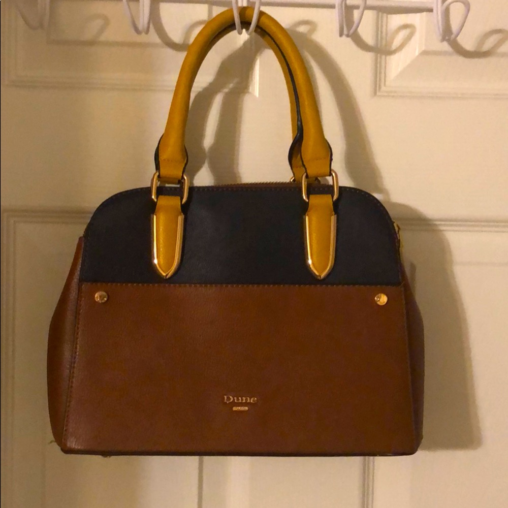 Yellow, navy, brown purse